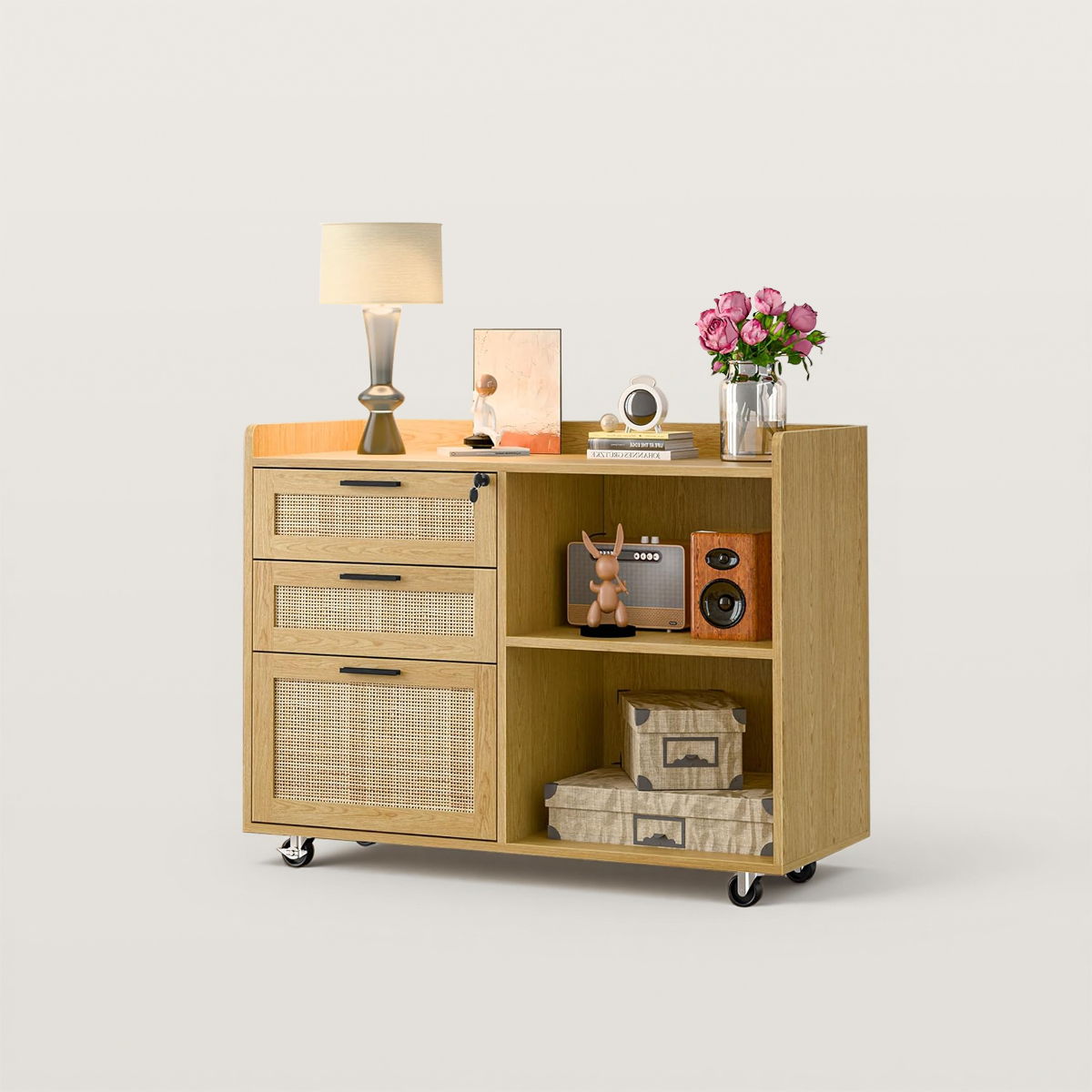 3 Rattan Drawer Lateral Filing Storage Cabinets with Lock