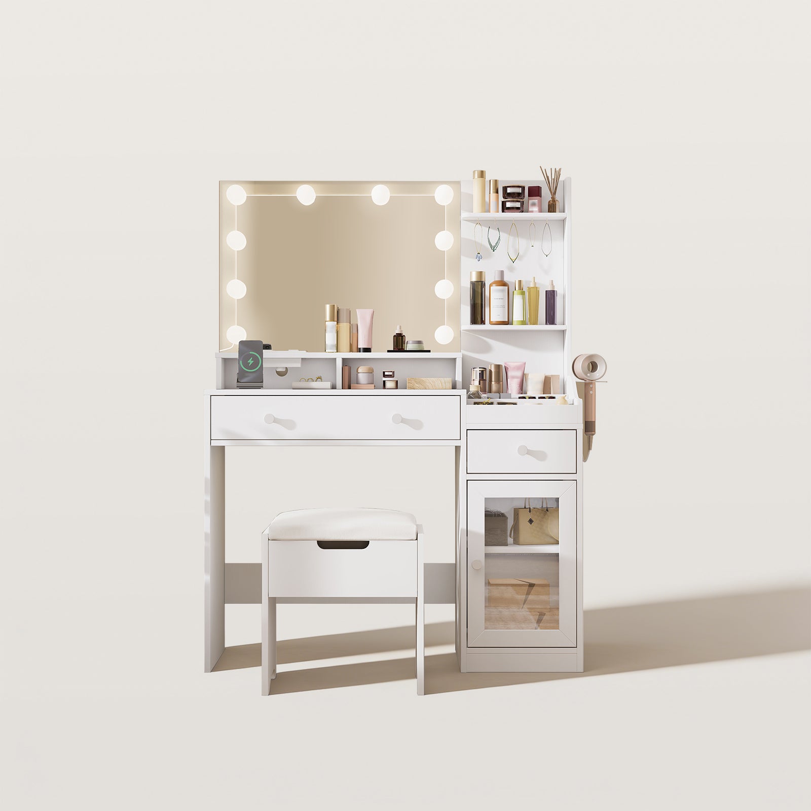 39.8in Modern White Vanity Desk with Charging Station and Storage