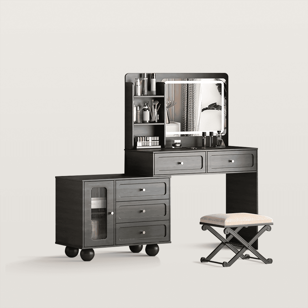 62in Makeup Vanity Set with Storage Shelves & LED Lights