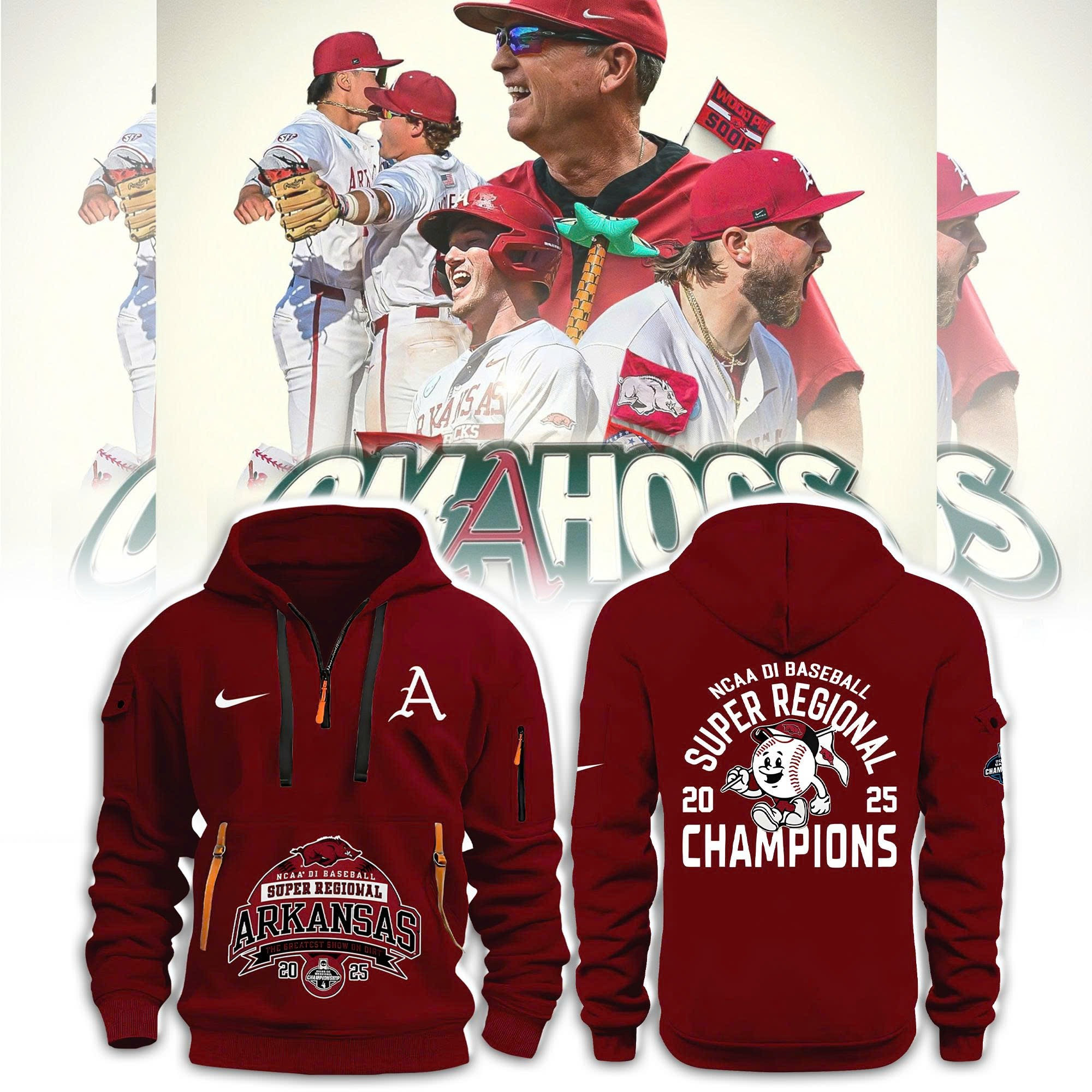 Arkansas Razorbacks Omahogs Super Regional Champions 2025 Quarter Zip Hoodie NCAA Baseball Fan Gifts