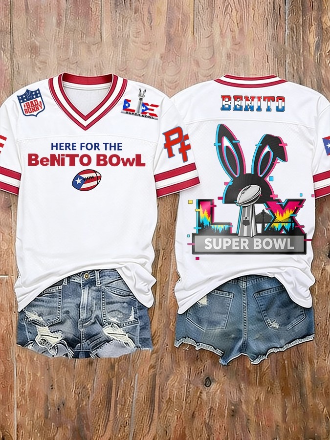 Bad Bunny Super Bowl 2026 Here For The Benito Bowl V Neck Shirt Best Gift For Music Fans