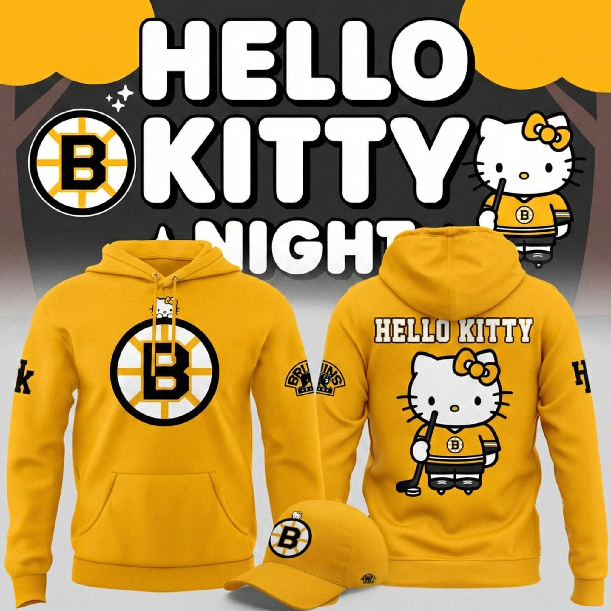 Boston Bruins x Hello Kitty Night Hoodie Bruins Merch Unique Gift For NHL Hockey Fans