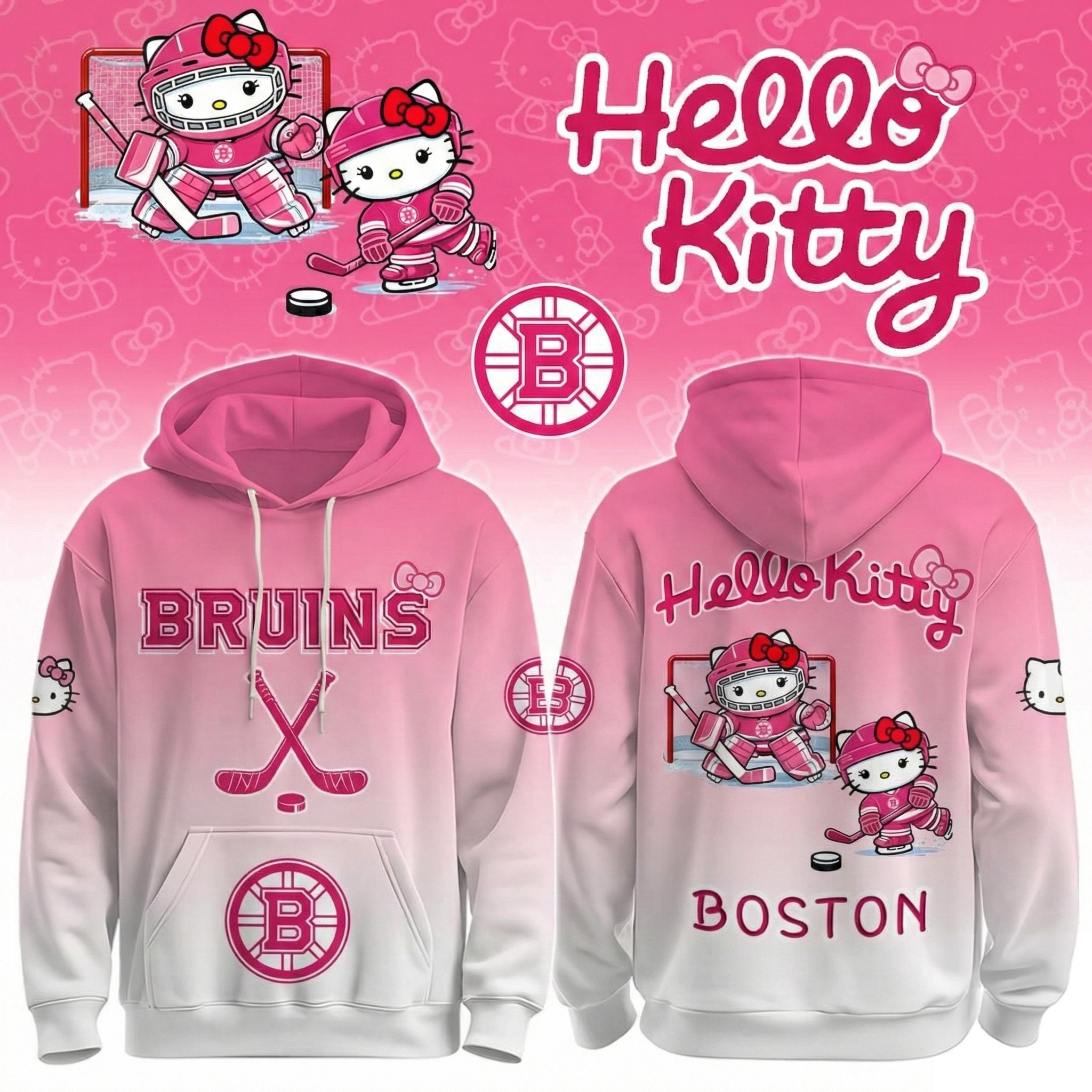 Boston Bruins x Hello Kitty Pink Night Hoodie Bruins Apparel Best Gift For Hockey Lovers