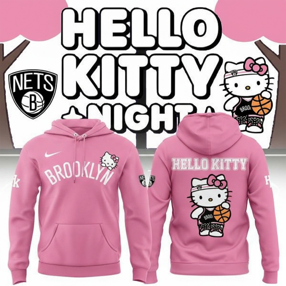 Brooklyn Nets Merch Hello Kitty Basketball Night All Pink Hoodie Brooklyn Nets Apparel NBA Fans Gifts