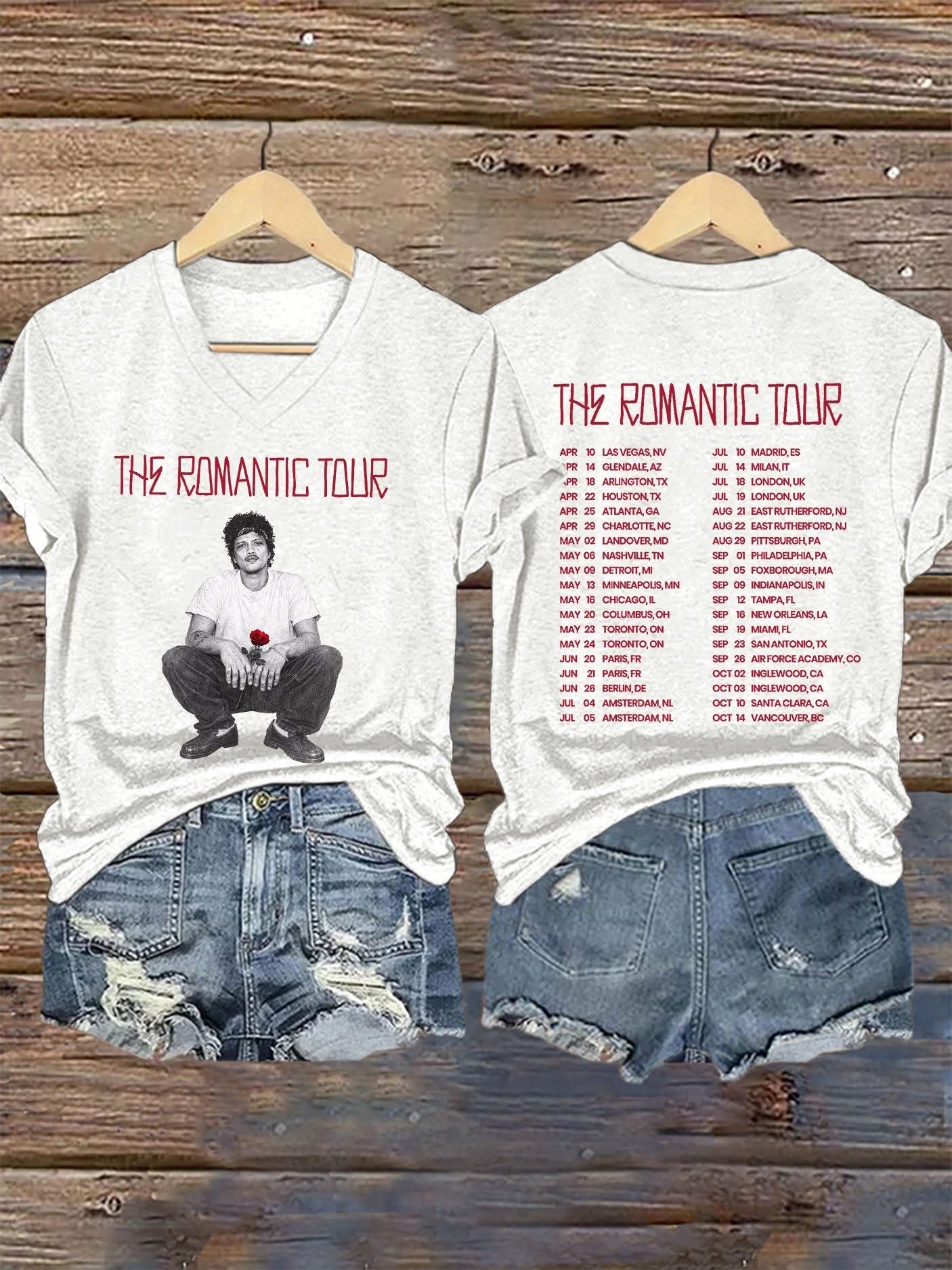 Bruno Mars Tour Merch Romantic Tour 2026 V Neck T-Shirt Best Gift For Music Fans