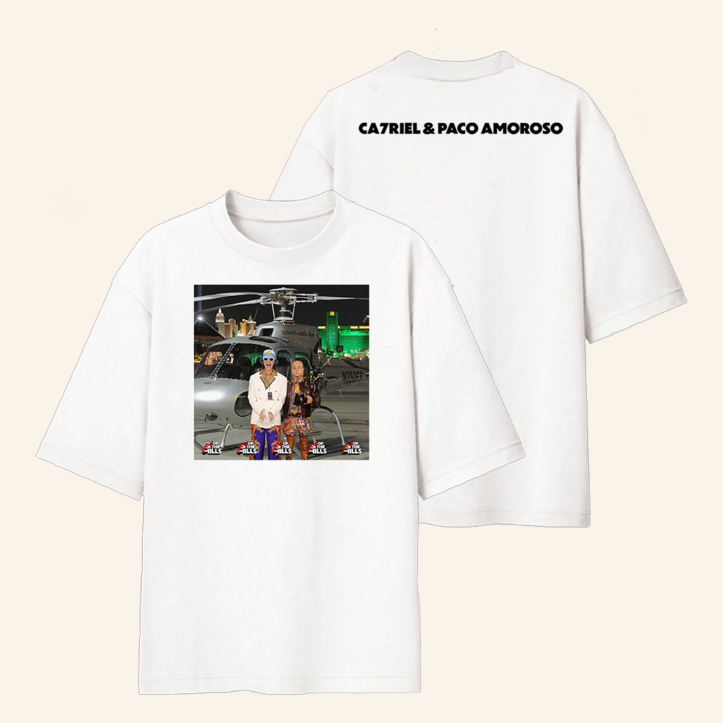 CA7RIEL And Paco Amoroso Merch Top Of The Hills White T-Shirt For Hip Hop Fans