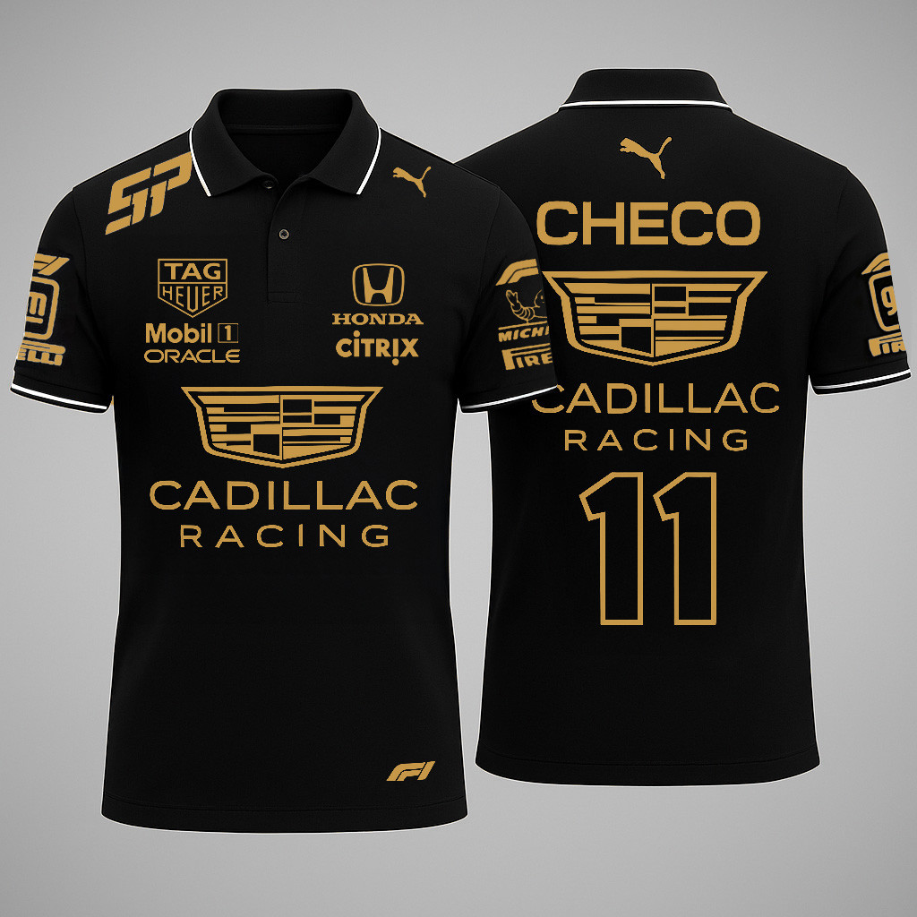Cadillac Sergio Checo Perez Merch Gold Checo 11 Cadillac Racing Polo Shirt Gifts For Fans