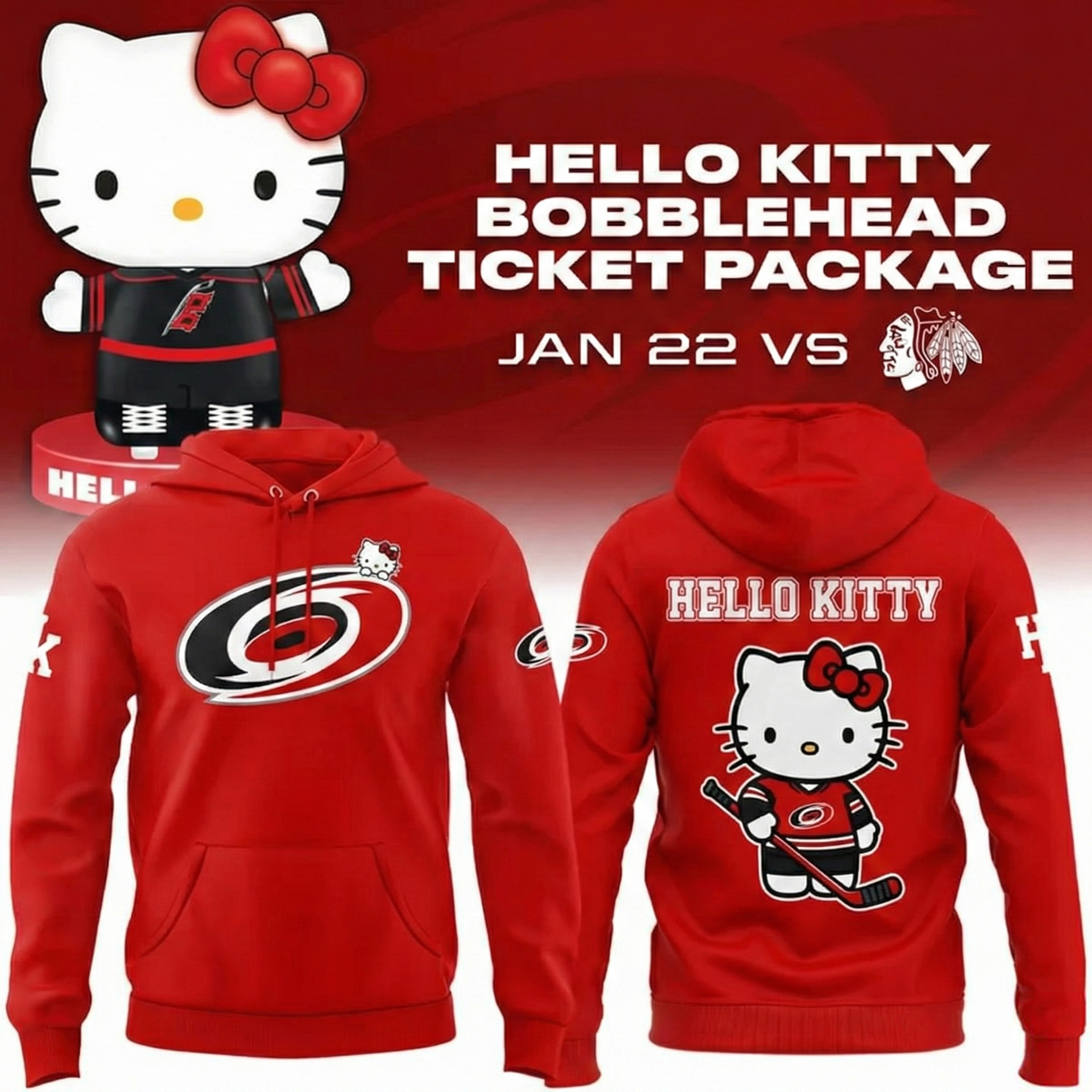 Carolina Hurricanes x Hello Kitty Bobblehead Hoodie Hurricanes Merch Unique Gift For NHL Fans