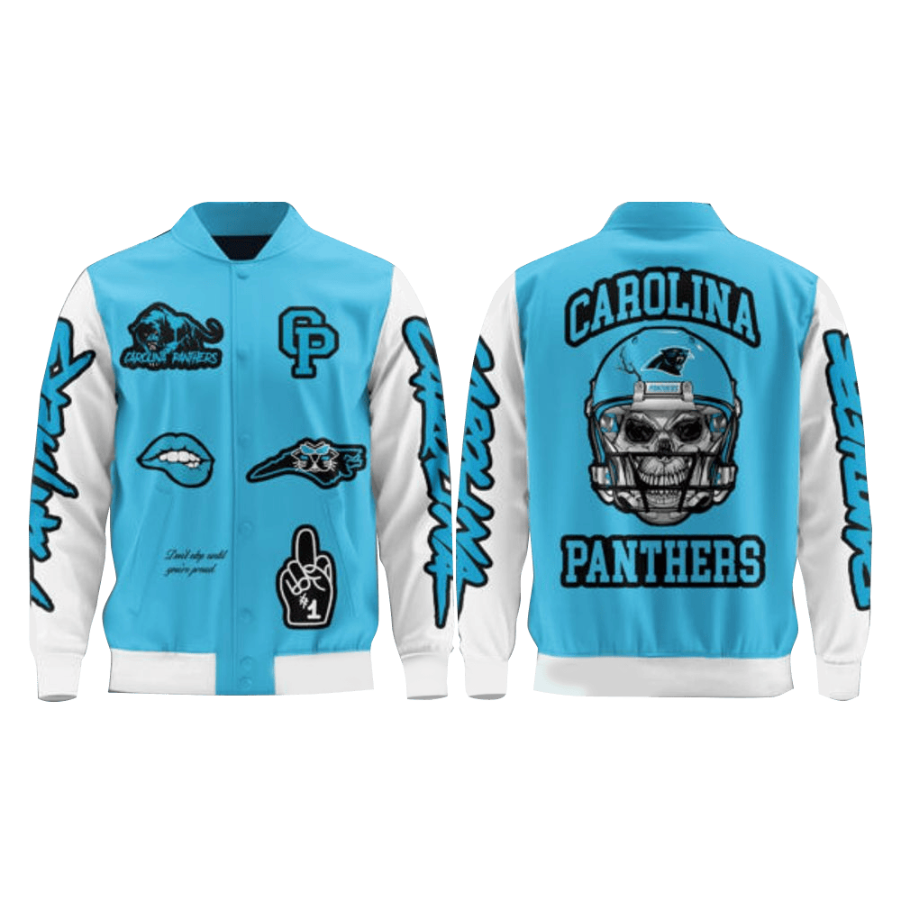 Carolina Panthers Bold Skull Helmet 2025 Varsity Jacket Carolina Panthers Merch Fans Gifts