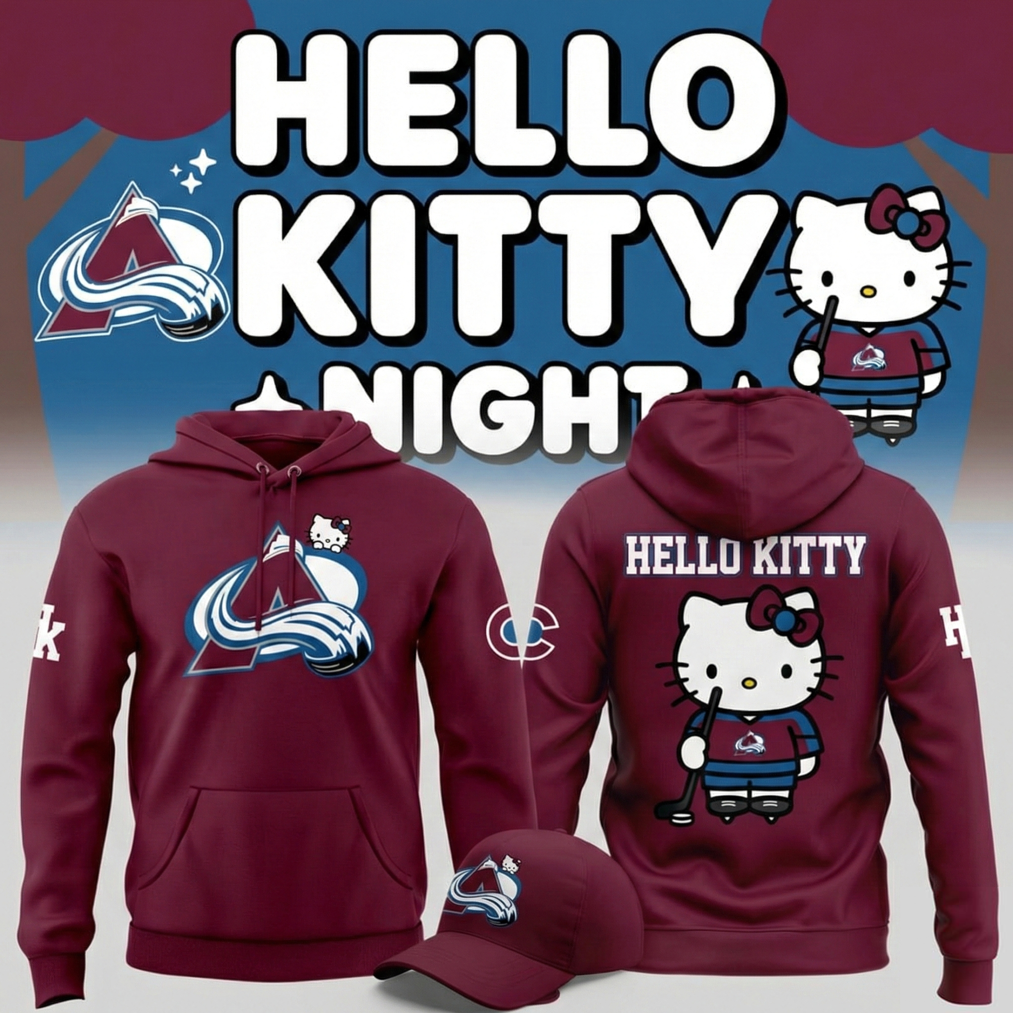 Colorado Avalanche x Hello Kitty Night Hoodie Avalanche Merch Best Gift For NHL Fans