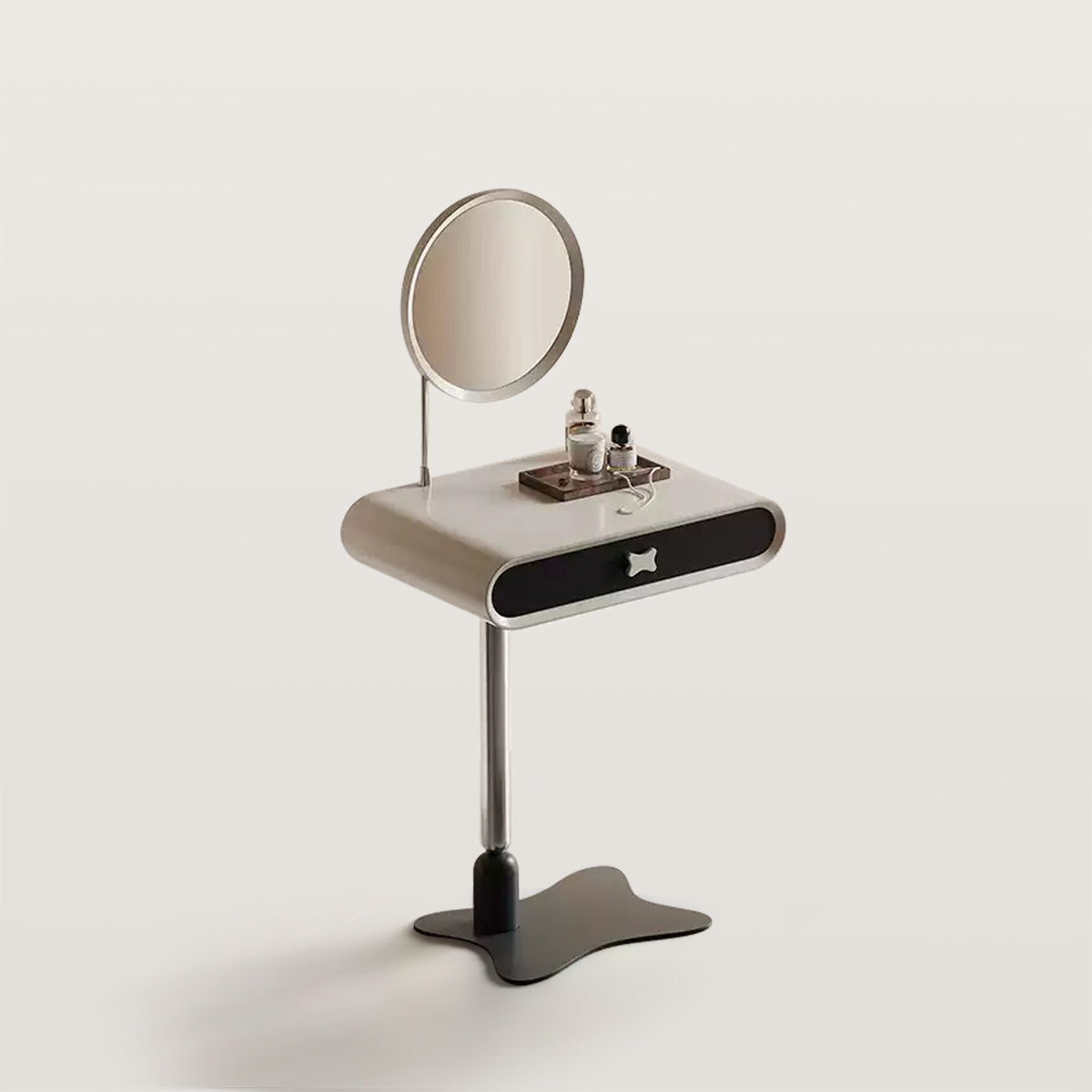 Cream Style Makeup Vanity with Round Mirror And Stool