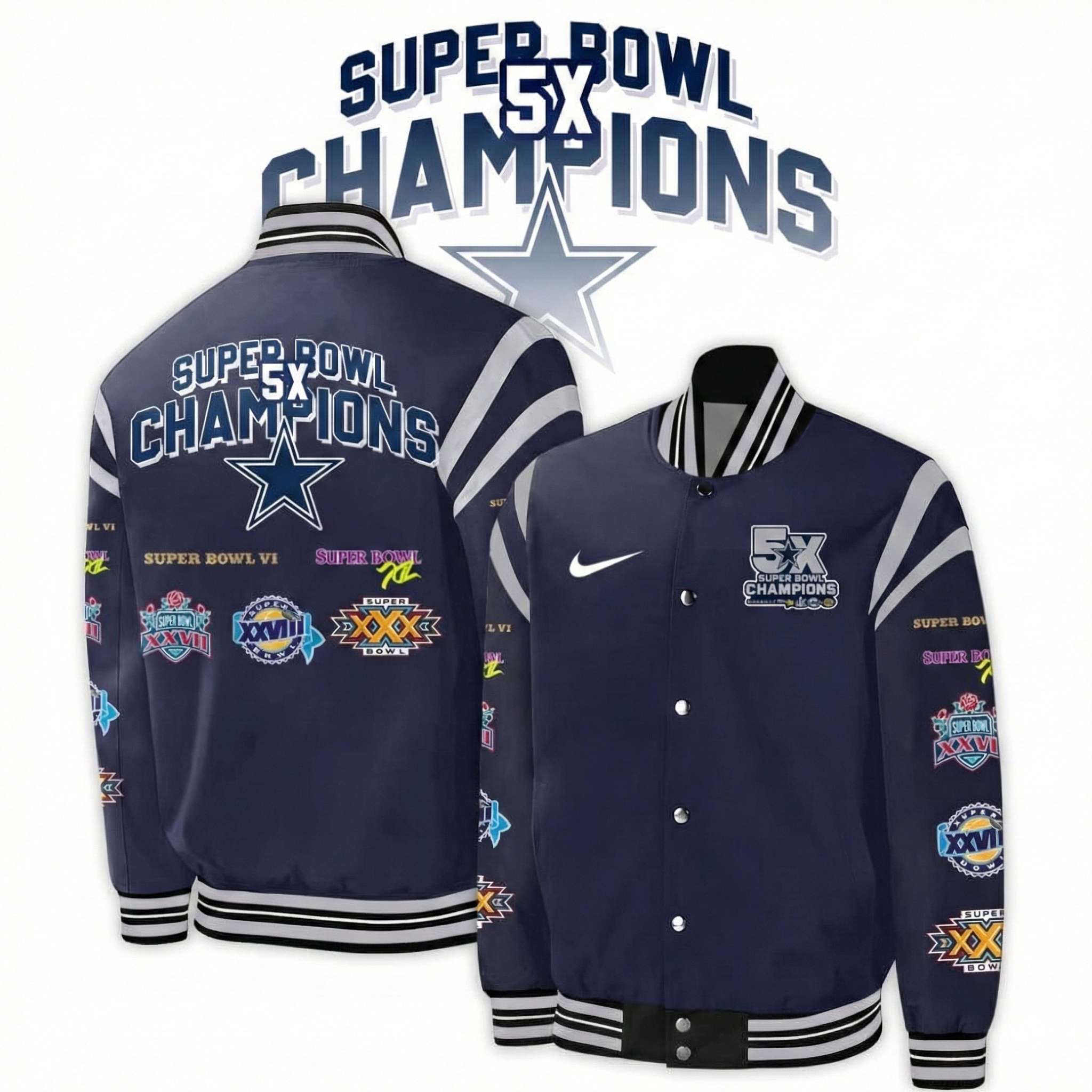 Dallas Cowboys Super Bowl Champions 5X Bomber Jacket Cowboys Merch Best Gift For NFL Fans