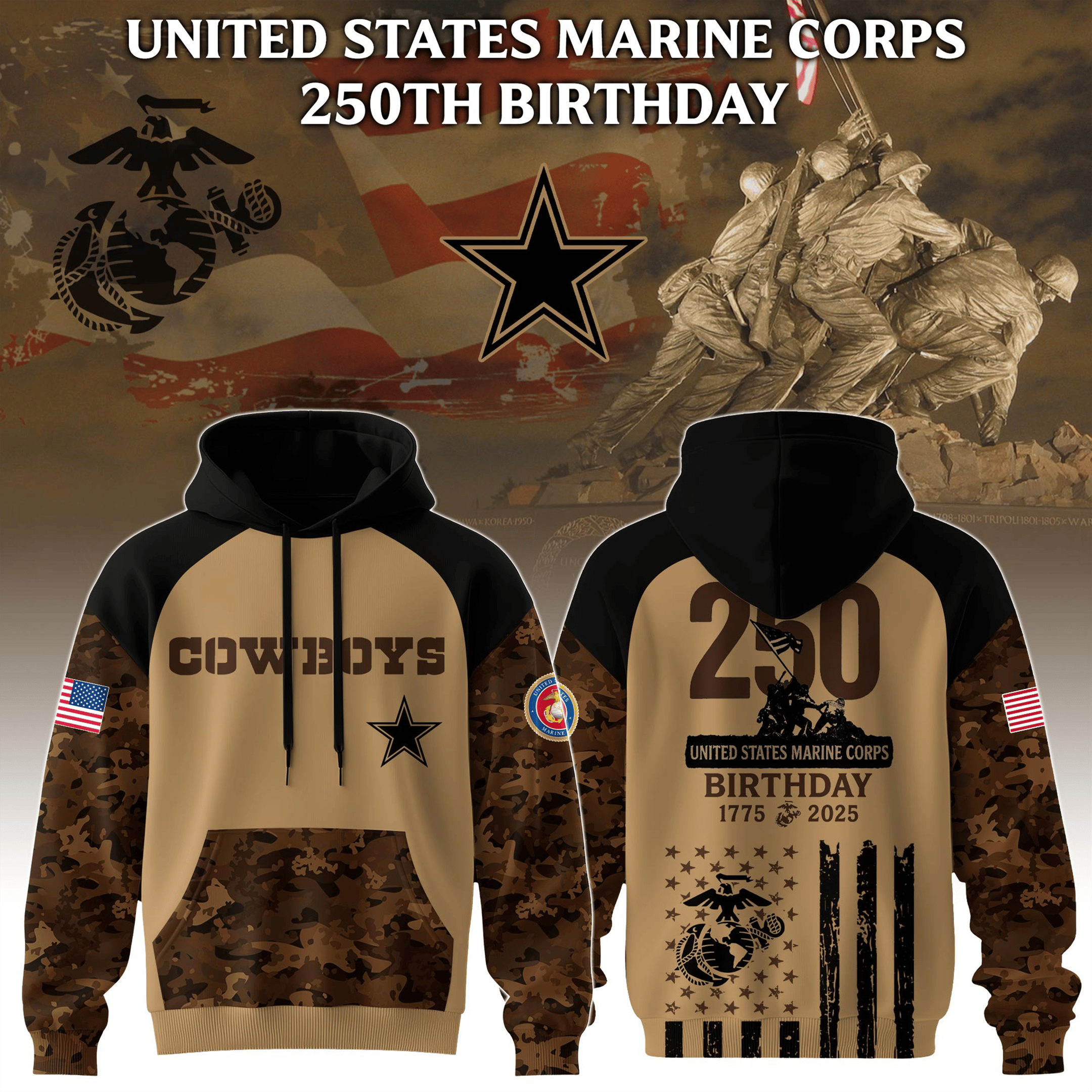 Dallas Cowboys x USMC 250th Birthday Camo Hoodie Cowboys Merch Best Gift For Football Fans