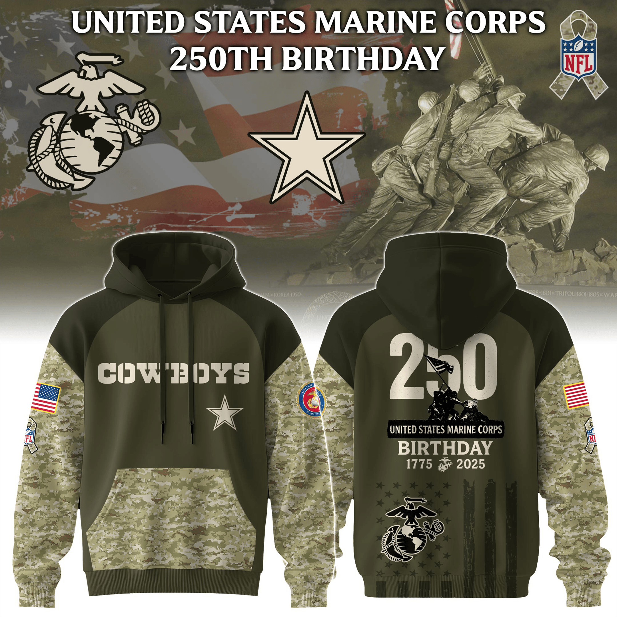 Dallas Cowboys x USMC 250th Birthday Camo Hoodie Cowboys Merch Best Gift For Football Fans