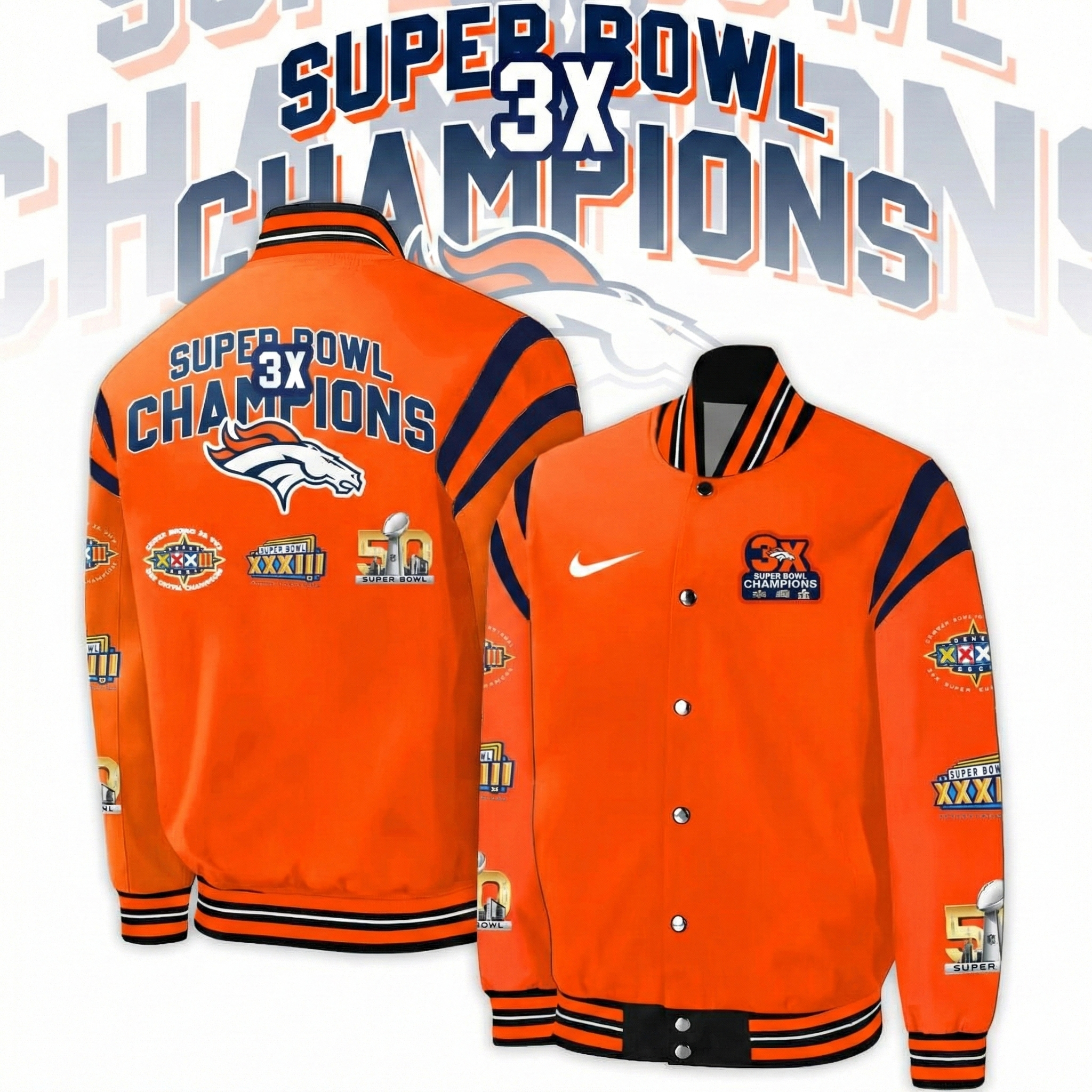 Denver Broncos 3 Time Super Bowl Champions Jacket Broncos Merch Unique Gift For NFL Fans