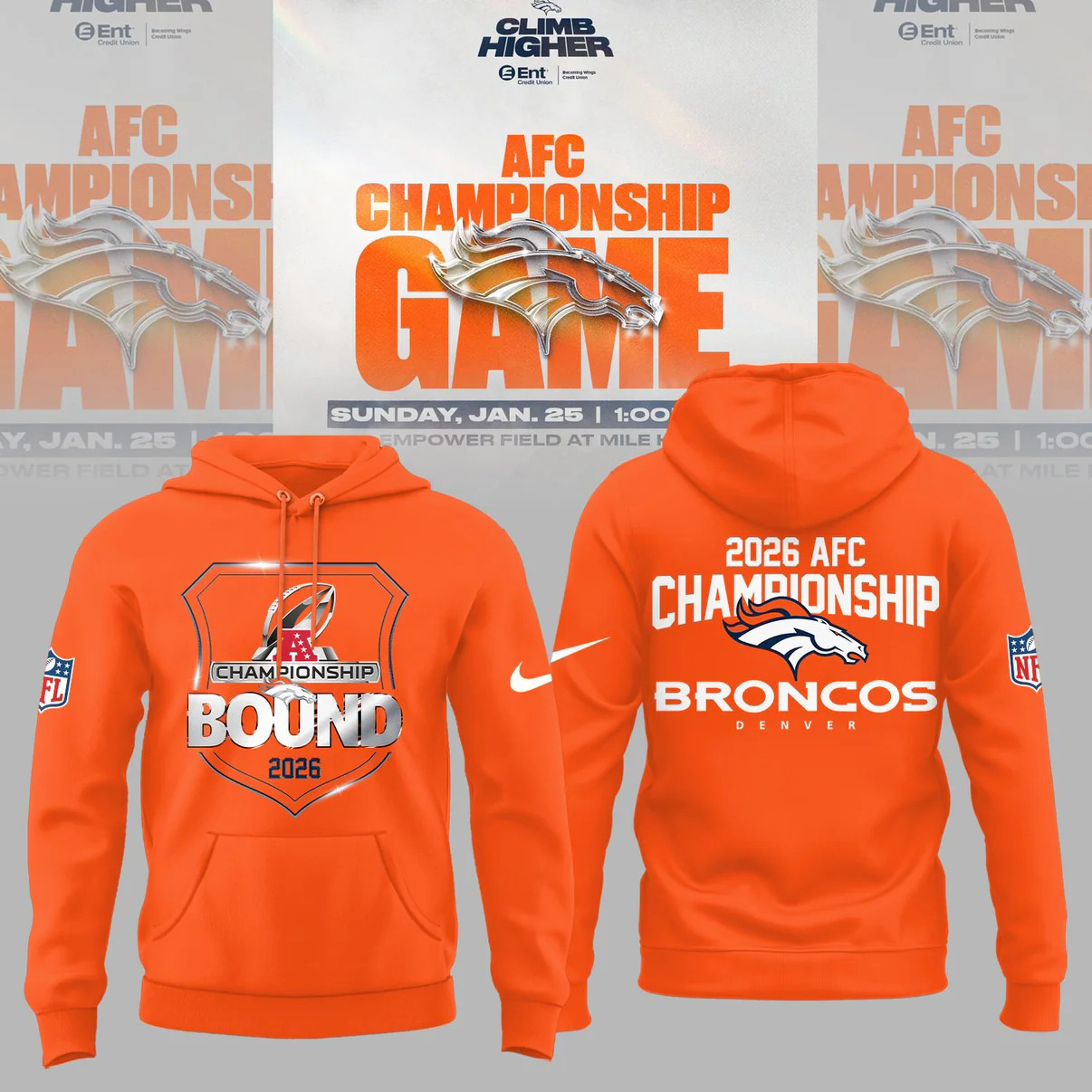 Denver Broncos Merch AFC Championship Bound Hoodie Broncos Apparel Best NFL Fans Gifts