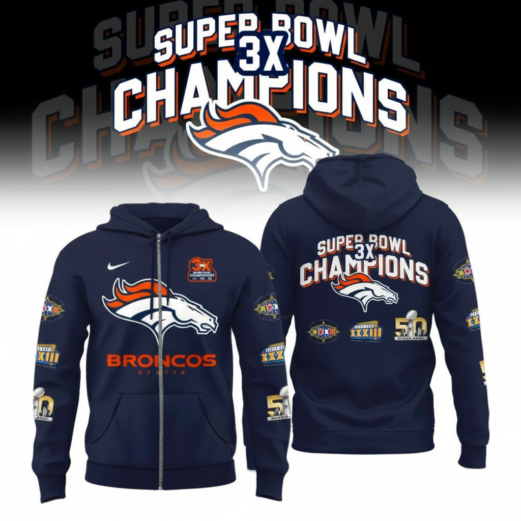 Denver Broncos Super Bowl Champions Patch Throwback Zip Hoodie Broncos Merch Unique NFL Fans Gifts