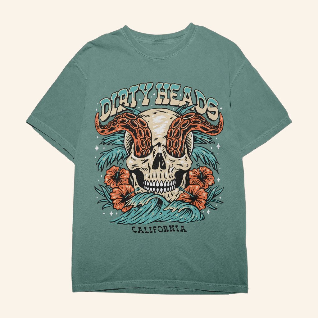 Dirty Heads Merch Skull Wave Green T-Shirt For Rock Fans