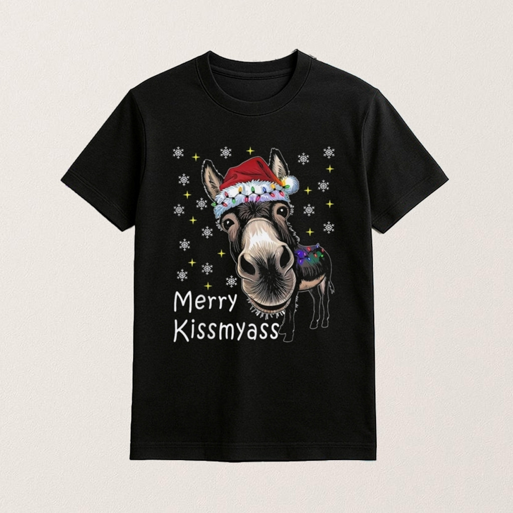 Donkey Santa Hat Merry Kissmyass T-Shirt Funny Apparel Christmas For Friends