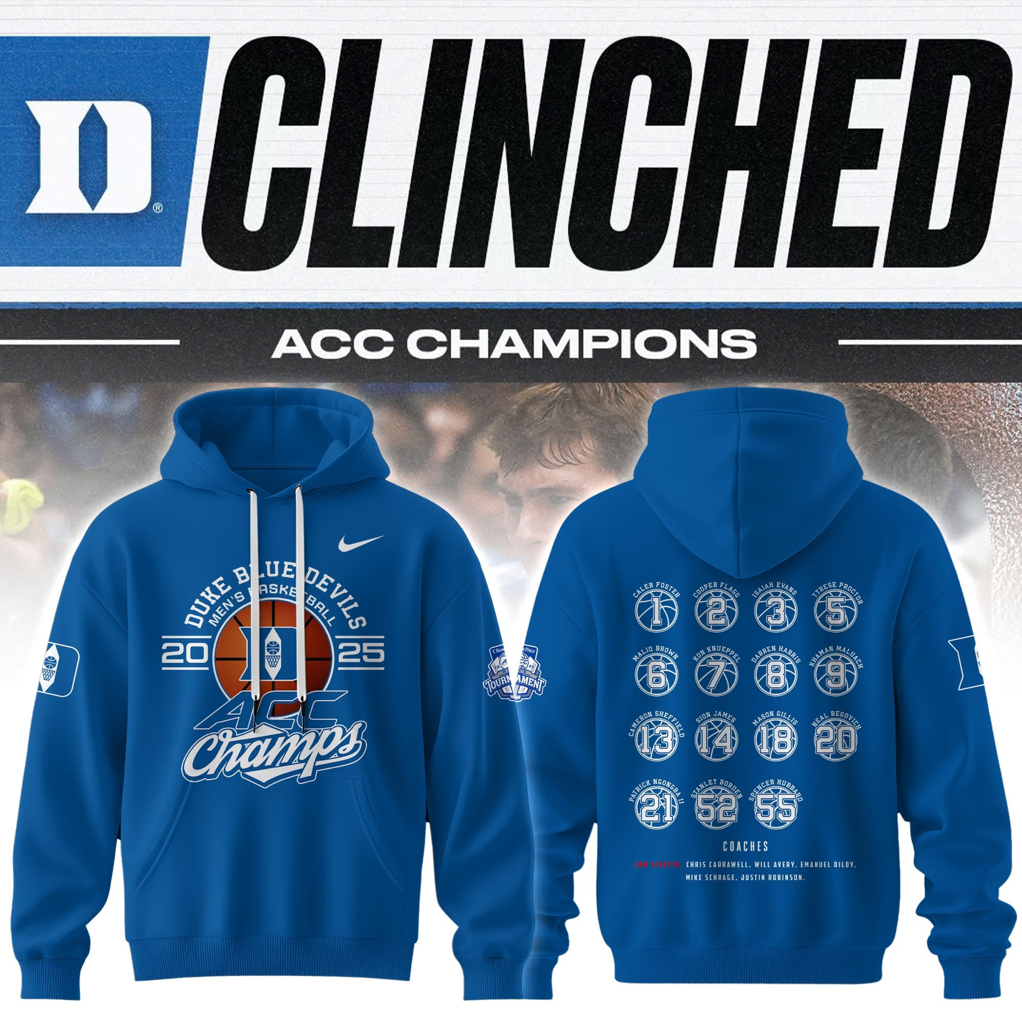 Duke Blue Devils 2025 ACC Men's Basketball Champions Hoodie Merch Duke Fan Gift Ideas