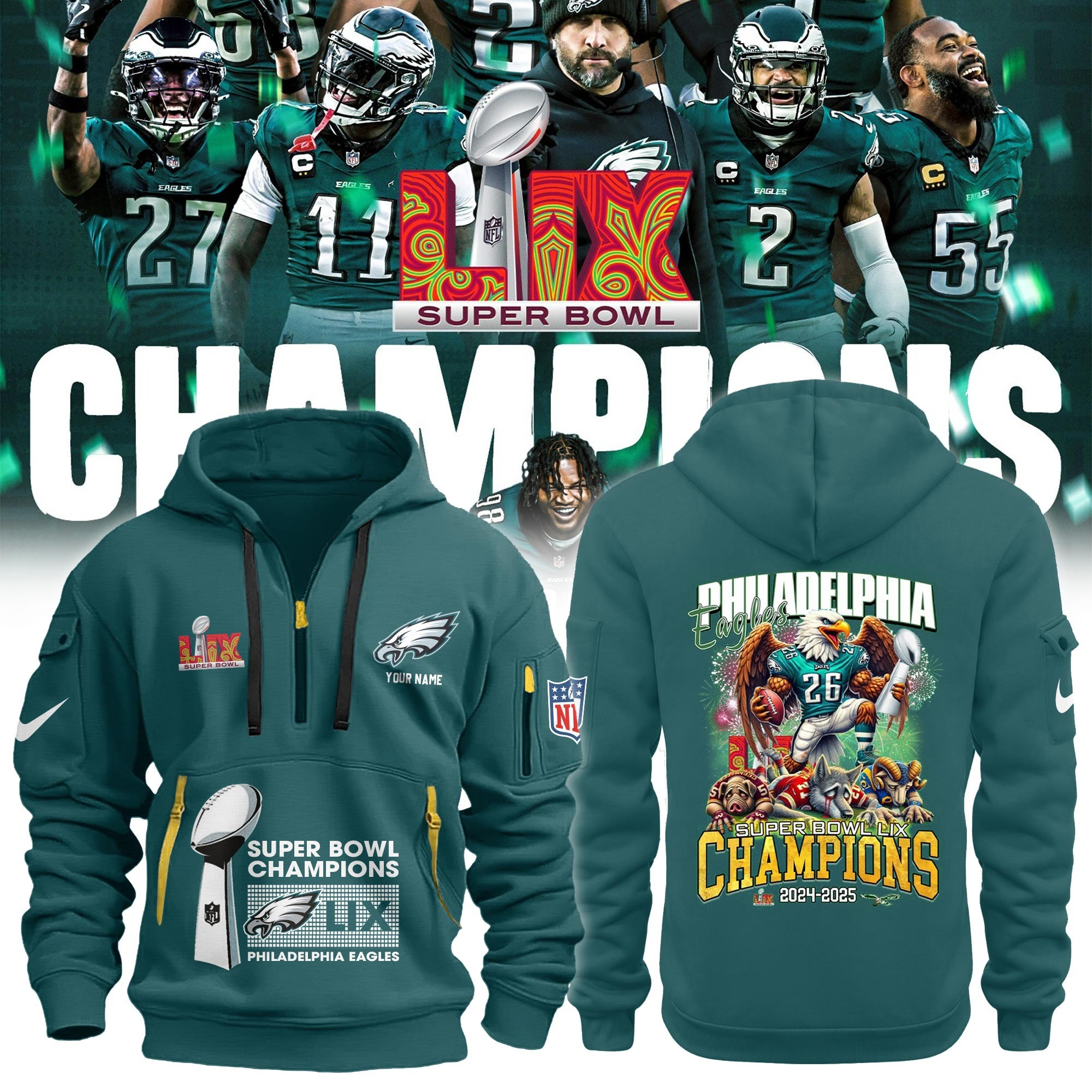Eagles National Super Bowl LIX Champions Quarter Zip Hoodie NFL Philadelphia Eagles Clothing