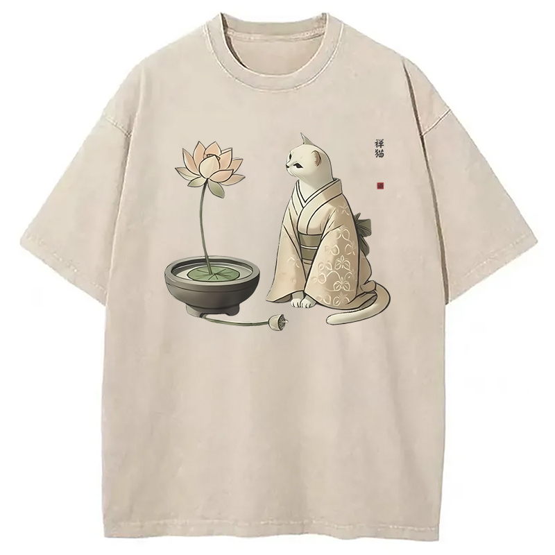 Elegant Japanese Cat Washed T-Shirt Funny Aesthetic Trendy Apparel Gifts For Besties