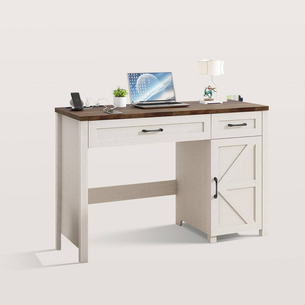 Farmhouse Computer Desk with Drawers and Storage Cabinet