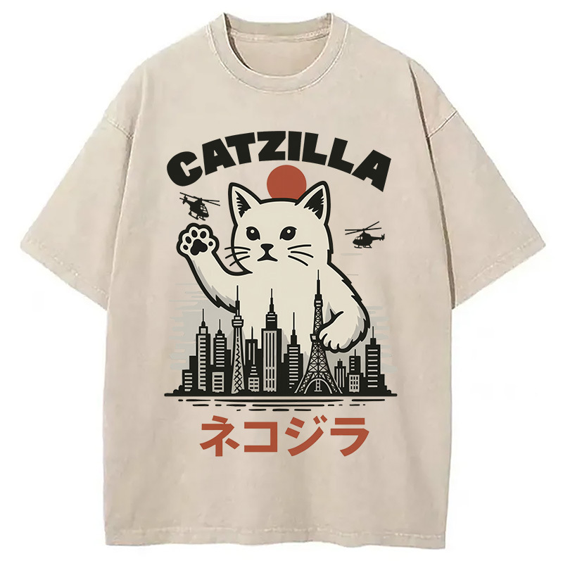 Feline Fury Over Tokyo Washed T-Shirt Trendy Everyday Casual Outfit Gifts For Besties