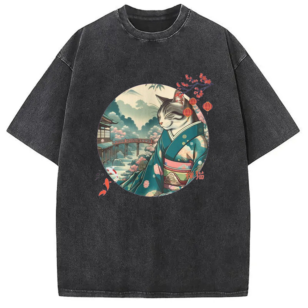 Fish And Kimono Cat Japanese Washed T-Shirt Funny Graphic For Friends Gifts For Her