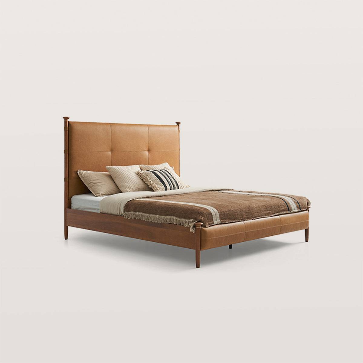 French Retro Bedroom Double Bed with Cowhide And Wood