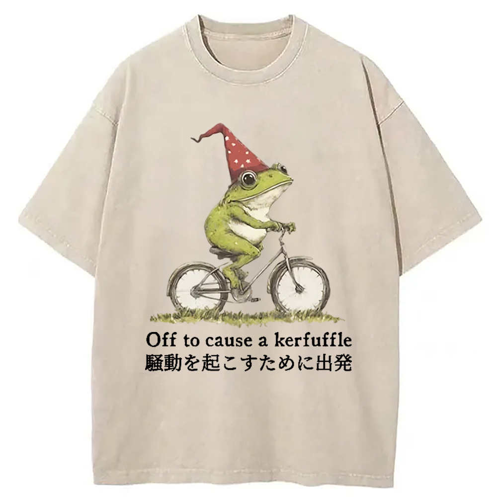 Frog Riding A Bicycle Washed T-Shirt Classic Graphic Fashion Tee Gifts For Brother