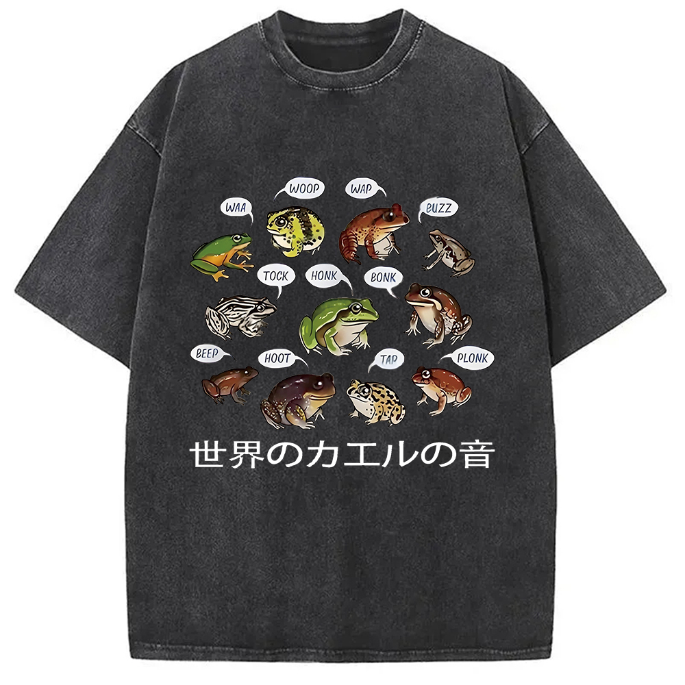 Frog Sounds From Around The World Washed T-Shirt Retro Streetwear Graphic Top Gifts For Friends