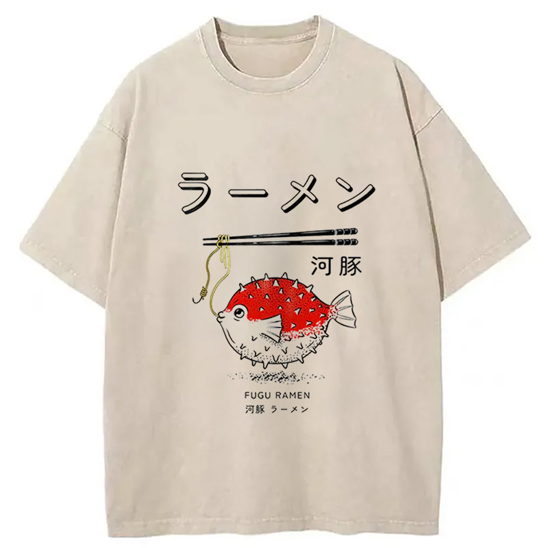Fugu Ramen Japanese Retro Print Washed T-Shirt Retro Streetwear Graphic Top Gifts For Friends