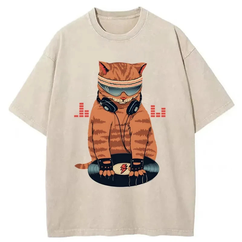 Funny Cat DJ Washed T-Shirt Soft Comfortable Daily T Shirt Gifts For Besties