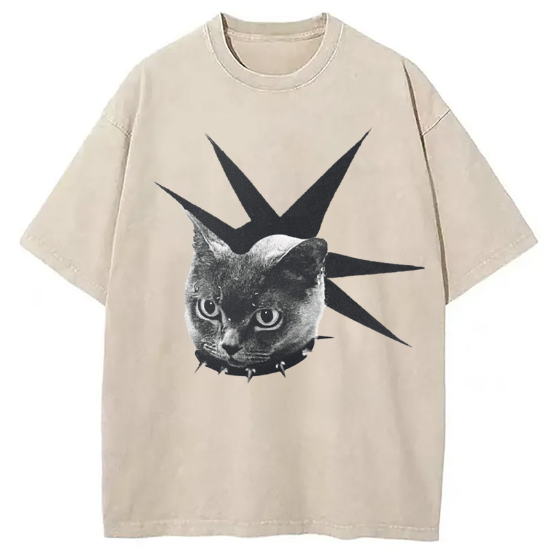 Funny Collar Cat Meme Washed T-Shirt Retro Streetwear Graphic Top Gifts For Sister