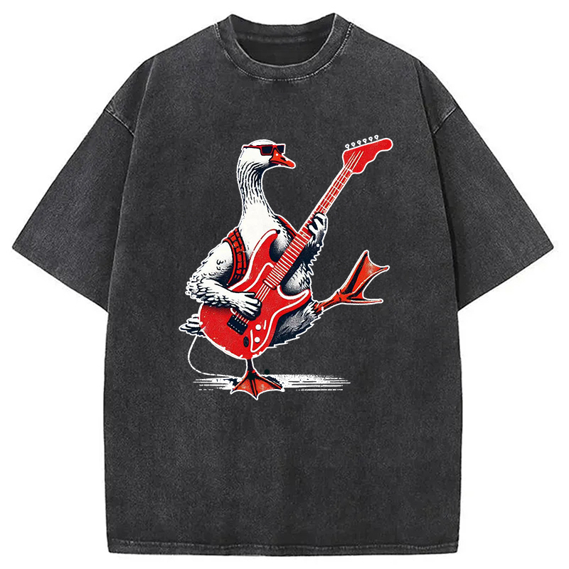 Funny Guitar Goose Rocker Vintage Washed T-Shirt Cool Urban Street Style Shirt Gifts For BFF