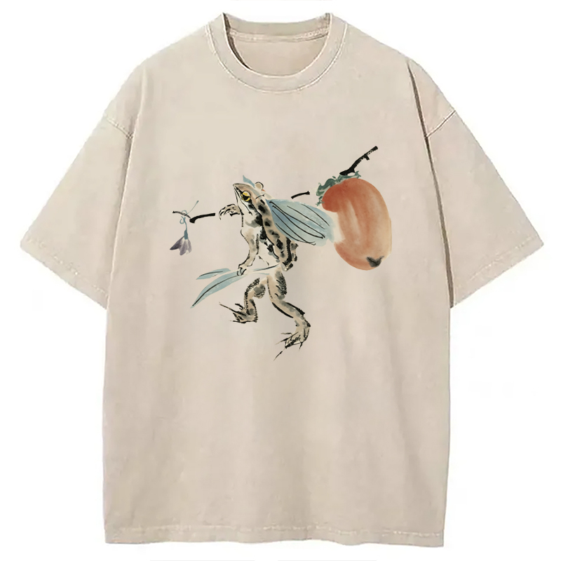 Funny Japanese Frog Washed T-Shirt Everyday Comfort Graphic Shirt Gifts For Him