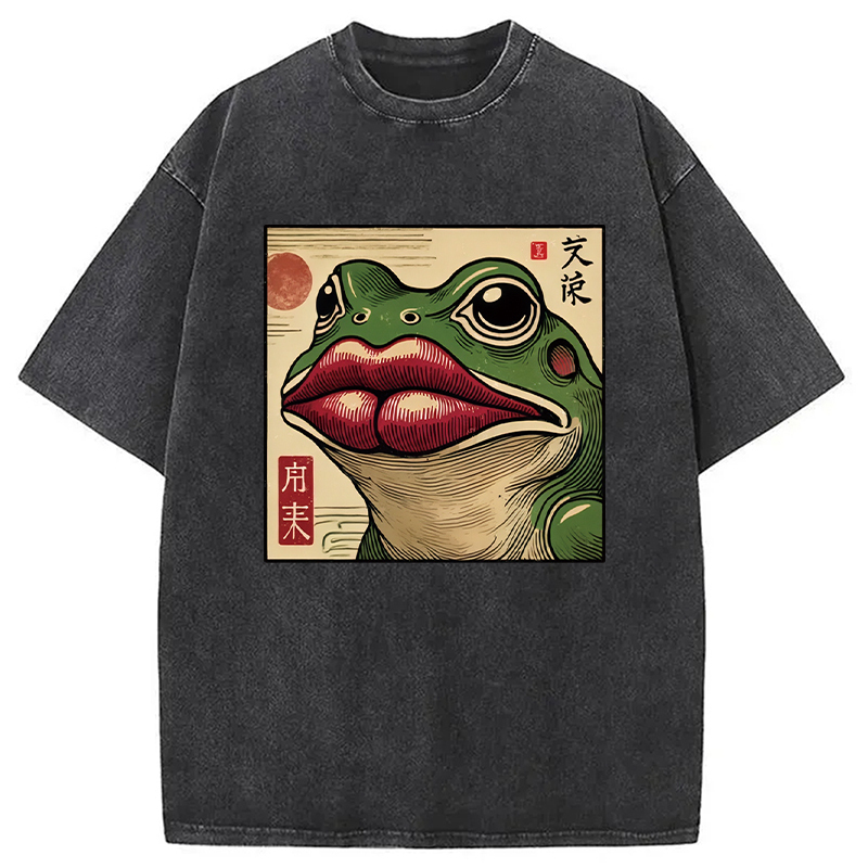 Funny Japanese Ukiyo-e Frog Washed T-Shirt Soft Cotton Daily Wear Tee Gifts For Best Friend
