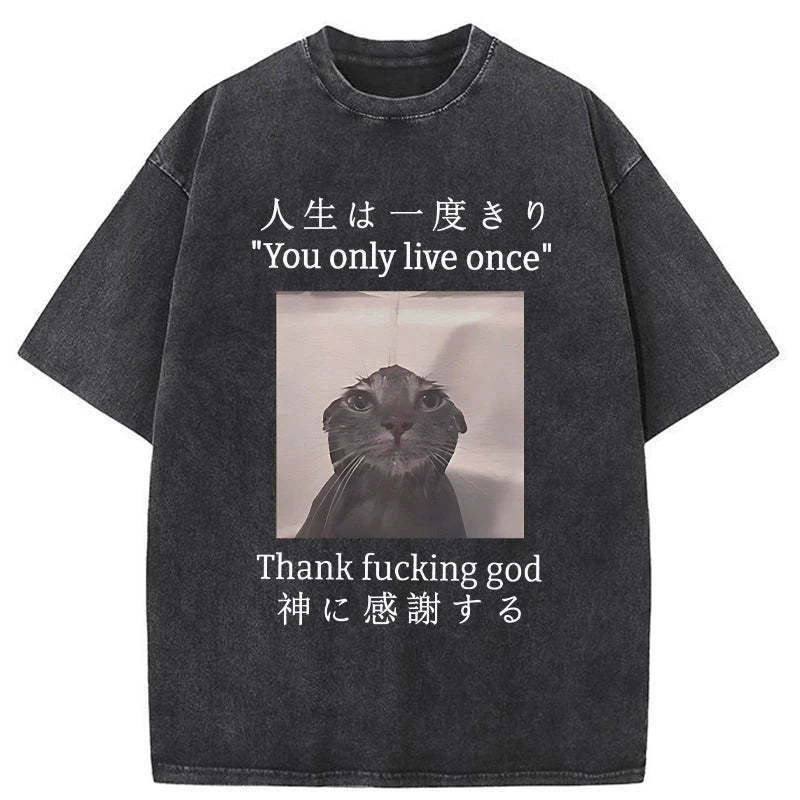 Funny Melancholy Cat Washed T-Shirt Cool Graphic Tee For Men Women Gifts For Her