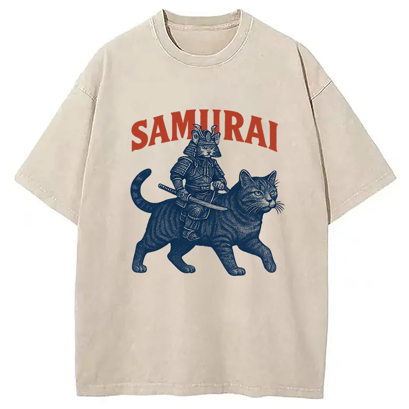 Funny Samurai Cat Washed T-Shirt Funny Quote Unisex Shirt Gifts For Friends