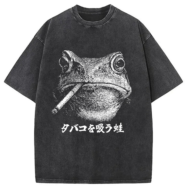 Funny Smoking Frog Meme Washed T-Shirt Retro Humor Graphic Top Gifts For Best Friend