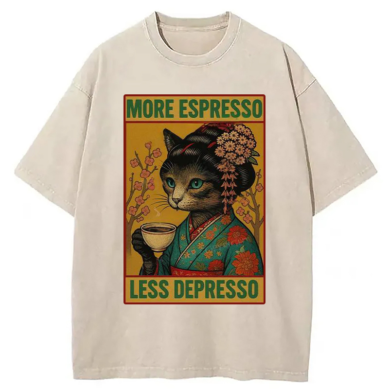 Geisha Cat Drinking Coffee Washed T-Shirt Cool Graphic Tee For Men Women Gifts For BFF