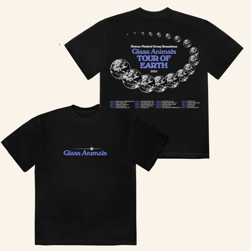 Glass Animals Merch Black North American Tour Of Earth 2025 Dateback T-Shirt For Fans