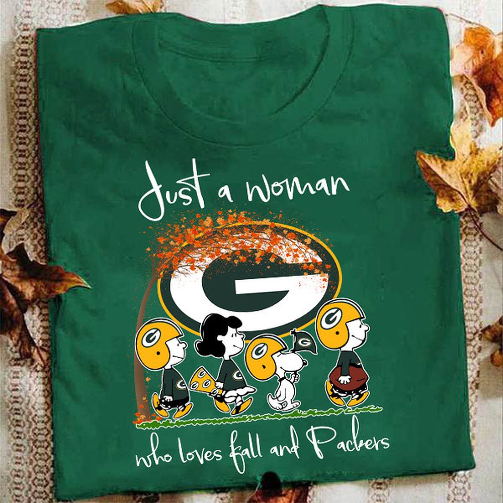 Green Bay Packers Just A Woman Who Loves Fall T-Shirt Packers Merch Best Gift For Football Fans