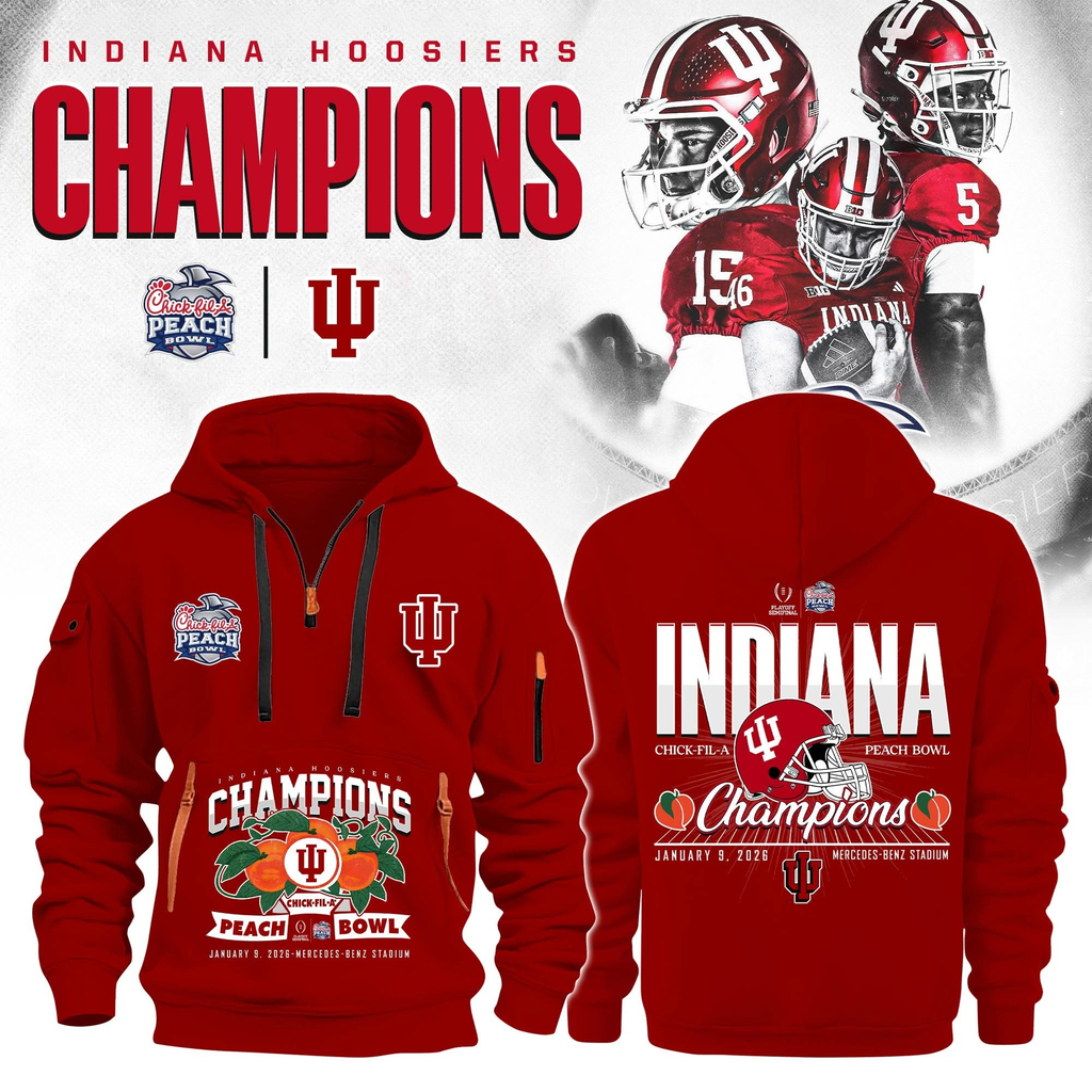 Indiana Hoosiers Football Peach Bowl Champions 2026 Quarter Zip Hoodie Hoosiers Merch Best Gift For Football Fans