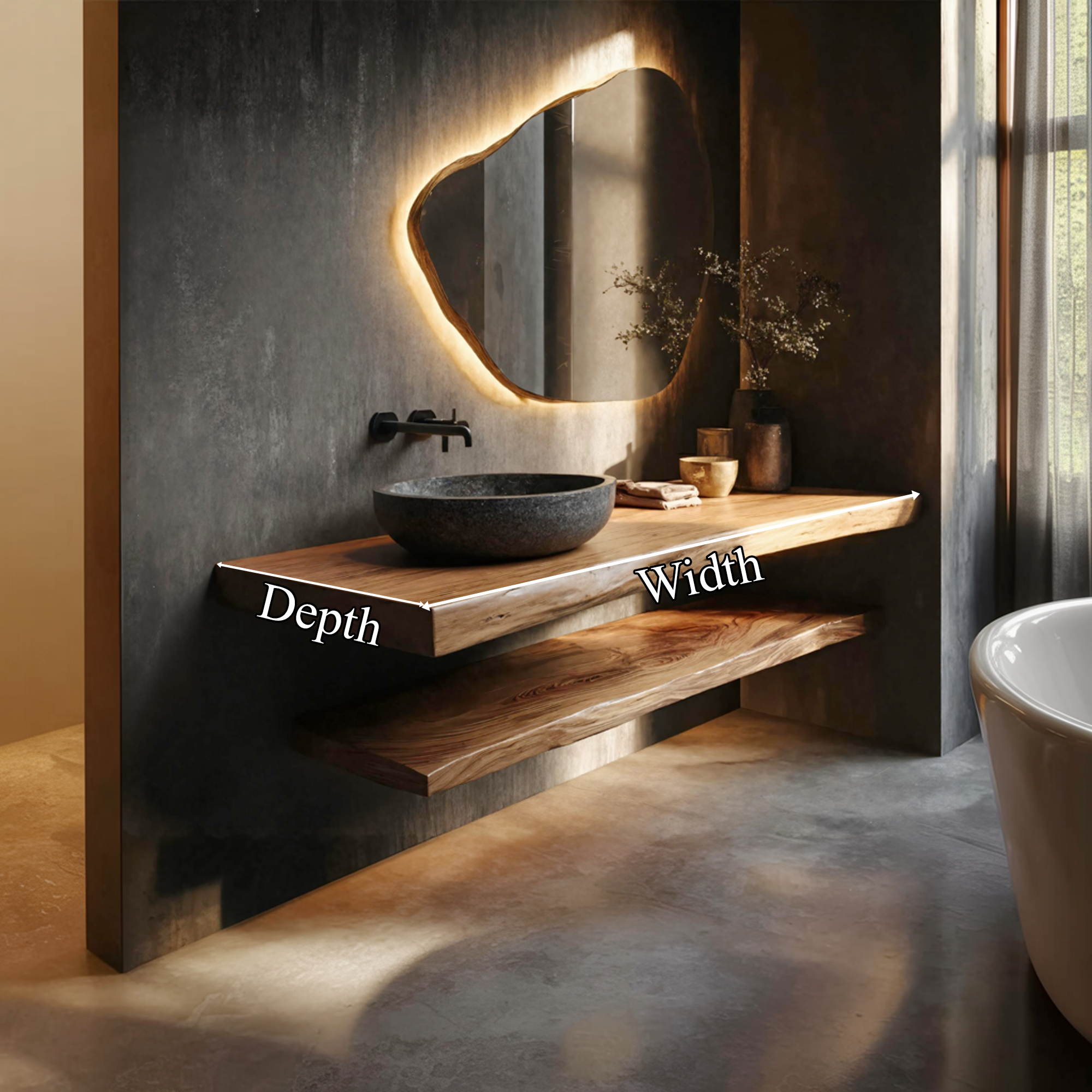 Japandi Style Bathroom Vanity Live Edge Floating Counter Shelf SINLKIBRV253