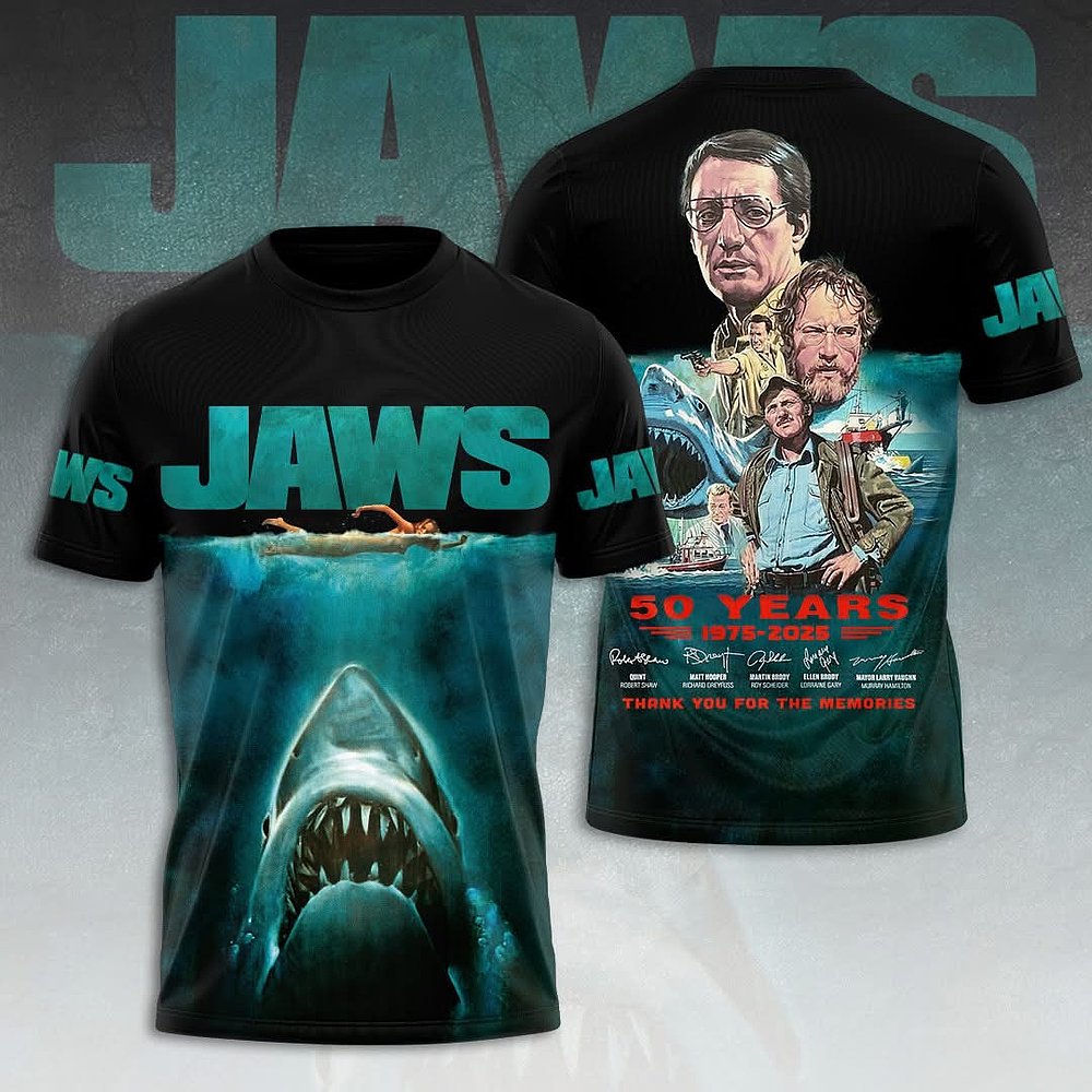 Jaws 50 Years 1975 2025 T-Shirt Thank You For The Memories Jaws Fan Merch Themed Gifts