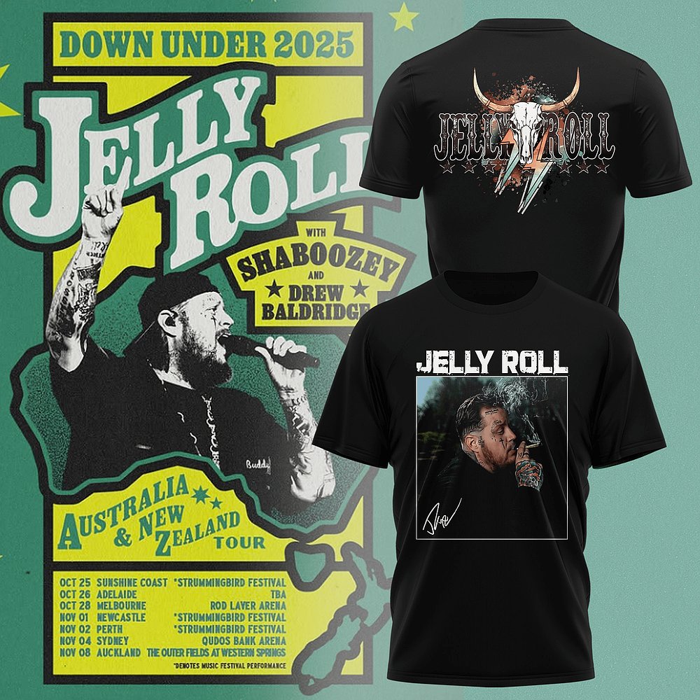Jelly Roll The Down Under 2025 Tour T-Shirt Concert Merch Music Fans Gift