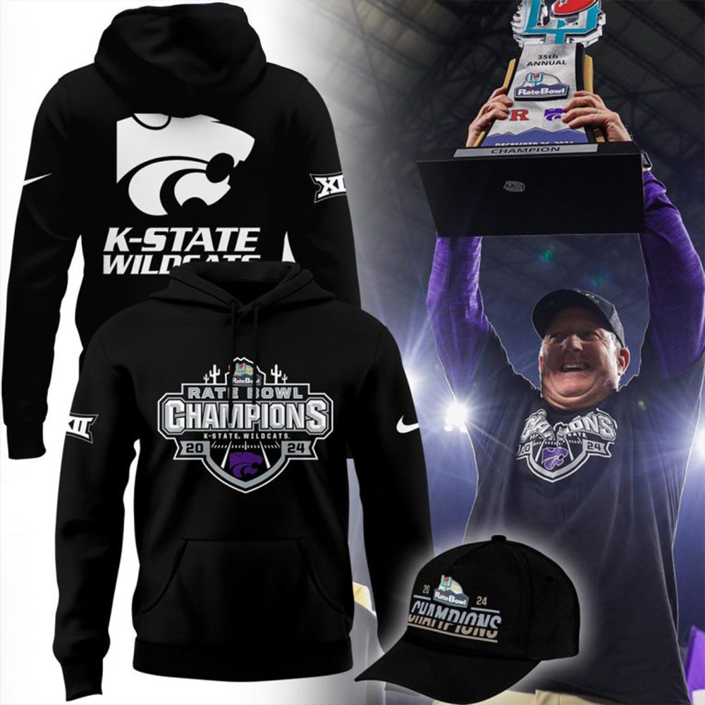 Kansas State Wildcats Football 2024 Rate Bowl Champions Black Hoodie Football Fan Gift Ideas