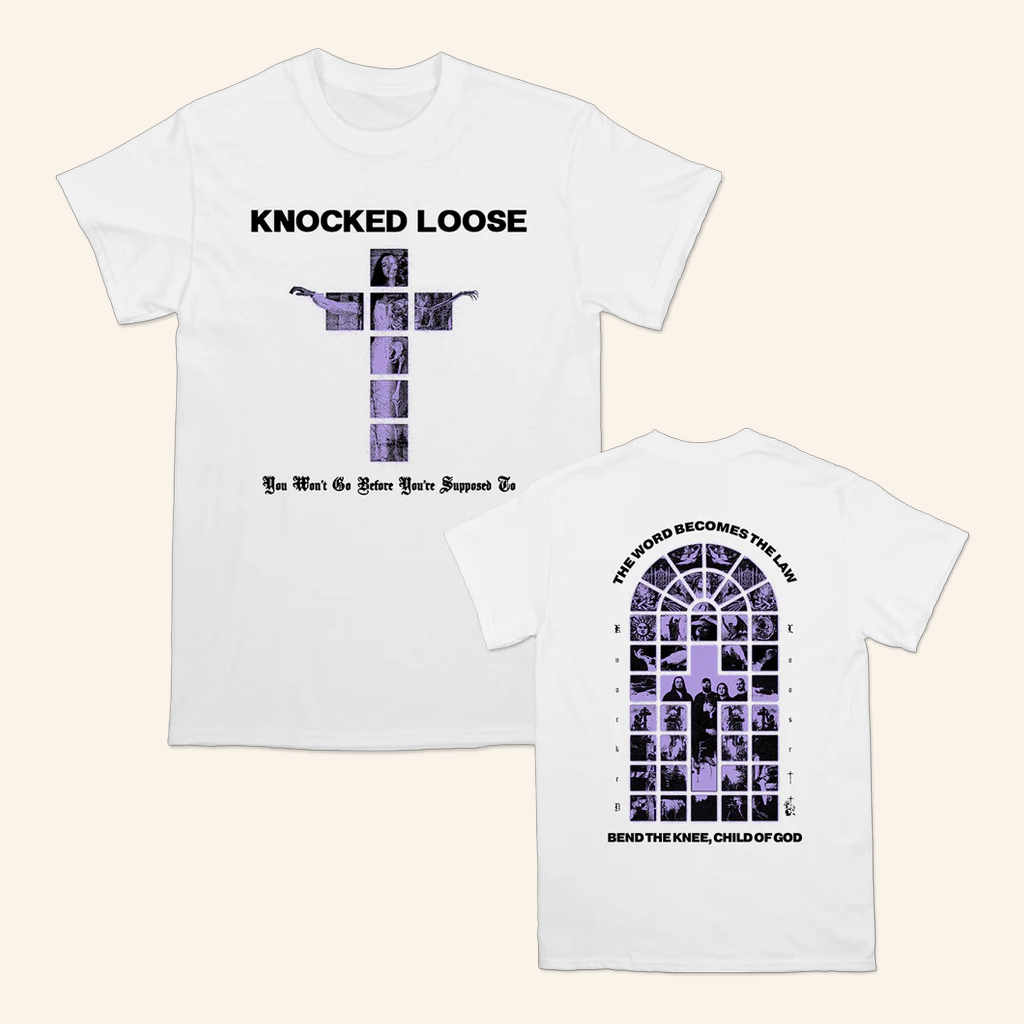 Knocked Loose Merch Knocked Loose Purple Cross White T-Shirt For Music Enthusiasts